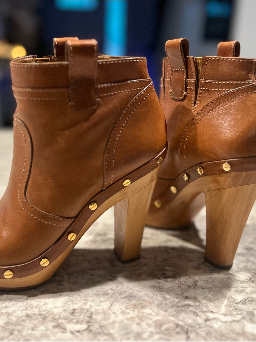 Tory Burch Cognac Leather Studded High Heel Ankle Boots